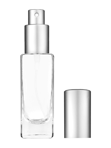 Slim design 30 ml, 1oz  clear glass bottle  with matte silver spray pump.