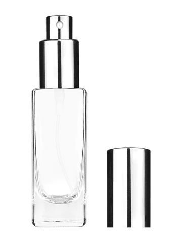 Slim design 30 ml, 1oz  clear glass bottle  with shiny silver spray pump.