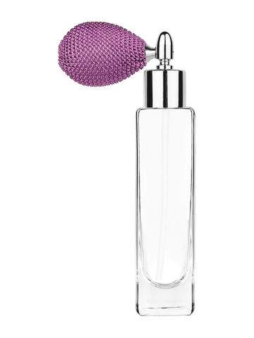 Slim design 50 ml, 1.7oz  clear glass bottle  with lavender vintage style bulb sprayer with shiny silver collar cap.