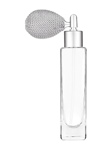 Slim design 50 ml, 1.7oz  clear glass bottle  with matte silver vintage style sprayer with matte silver collar cap.