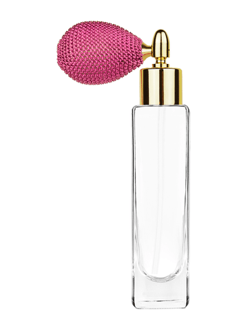 Slim design 50 ml, 1.7oz  clear glass bottle  with pink vintage style bulb sprayer with shiny gold collar cap.
