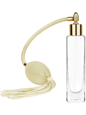 Slim design 50 ml, 1.7oz  clear glass bottle  with Ivory vintage style bulb sprayer with tassel and shiny gold collar cap.