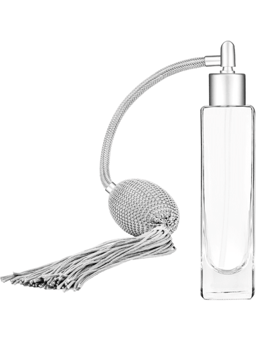 Slim design 50 ml, 1.7oz  clear glass bottle  with Silver vintage style bulb sprayer with tasseland matte silver collar cap.