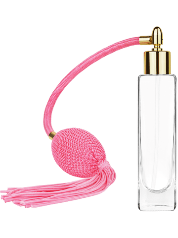 Slim design 50 ml, 1.7oz  clear glass bottle  with Pink vintage style bulb sprayer with tassel and shiny gold collar cap.