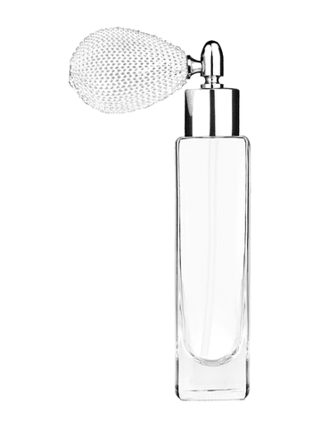 Slim design 50 ml, 1.7oz  clear glass bottle  with white vintage style bulb sprayer with shiny silver collar cap.
