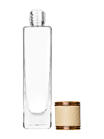 Slim design 50 ml, 1.7oz  clear glass bottle  with reducer and ivory faux leather cap.