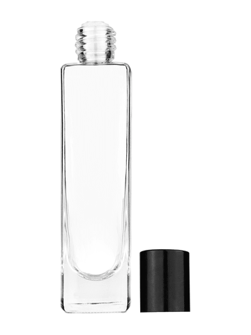 Slim design 50 ml, 1.7oz  clear glass bottle  with reducer and tall black shiny cap.