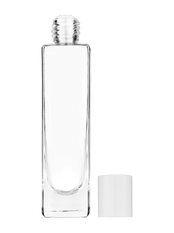 Slim design 50 ml, 1.7oz  clear glass bottle  with reducer and white cap.