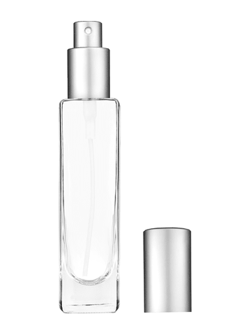 Slim design 50 ml, 1.7oz  clear glass bottle  with matte silver spray pump.