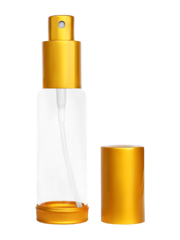 Clear Glass Spray Bottle with Gold Top and Base. Capacity: 1oz (30ml)