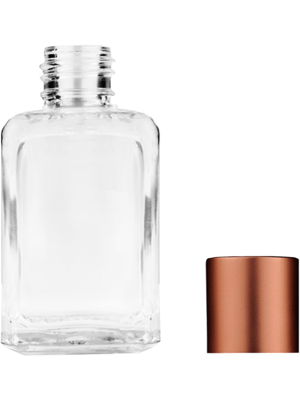 Empty Clear glass bottle with matte copper cap capacity: 15ml, 1/2oz. For use with perfume or fragrance oil, essential oils, aromatic oils and aromatherapy.