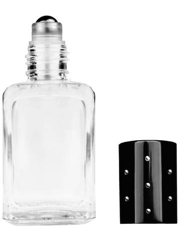 Square design 15ml, 1/2oz Clear glass bottle with metal roller ball plug and black shiny cap with dots.