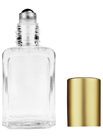 Square design 15ml, 1/2oz Clear glass bottle with metal roller ball plug and matte gold cap.