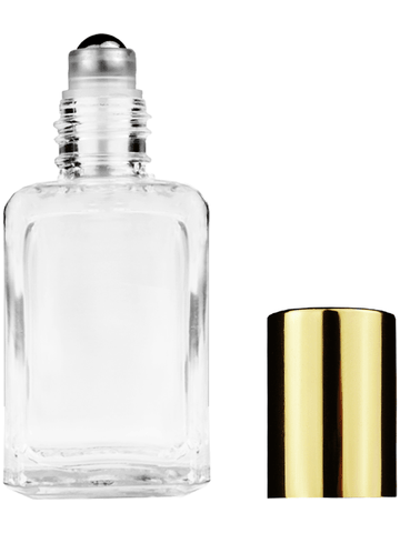 Square design 15ml, 1/2oz Clear glass bottle with metal roller ball plug and shiny gold cap.