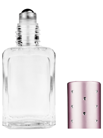 Square design 15ml, 1/2oz Clear glass bottle with metal roller ball plug and pink cap with dots.