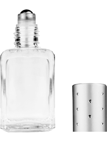 Square design 15ml, 1/2oz Clear glass bottle with metal roller ball plug and silver cap with dots.