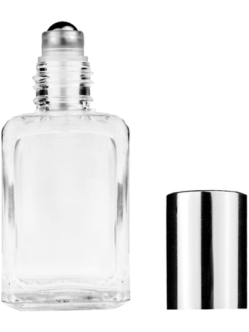 Square design 15ml, 1/2oz Clear glass bottle with metal roller ball plug and shiny silver cap.