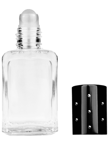 Square design 15ml, 1/2oz Clear glass bottle with plastic roller ball plug and black shiny cap with dots.