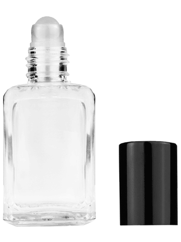 Square design 15ml, 1/2oz Clear glass bottle with plastic roller ball plug and black shiny cap.
