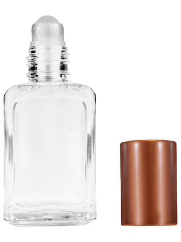 Square design 15ml, 1/2oz Clear glass bottle with plastic roller ball plug and matte copper cap.