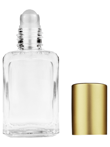 Square design 15ml, 1/2oz Clear glass bottle with plastic roller ball plug and matte gold cap.