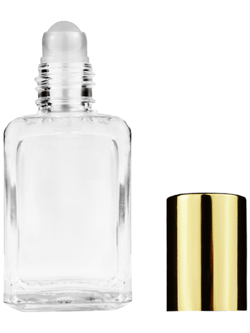 Square design 15ml, 1/2oz Clear glass bottle with plastic roller ball plug and shiny gold cap.