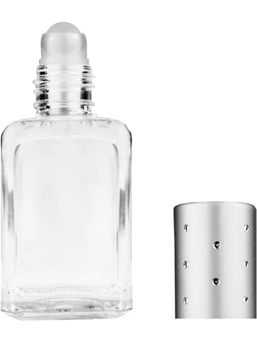 Square design 15ml, 1/2oz Clear glass bottle with plastic roller ball plug and silver cap with dots.