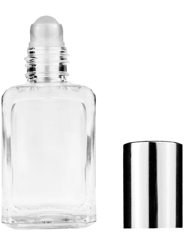 Square design 15ml, 1/2oz Clear glass bottle with plastic roller ball plug and shiny silver cap.