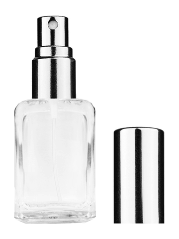Square design 15ml, 1/2oz Clear glass bottle with shiny silver spray.