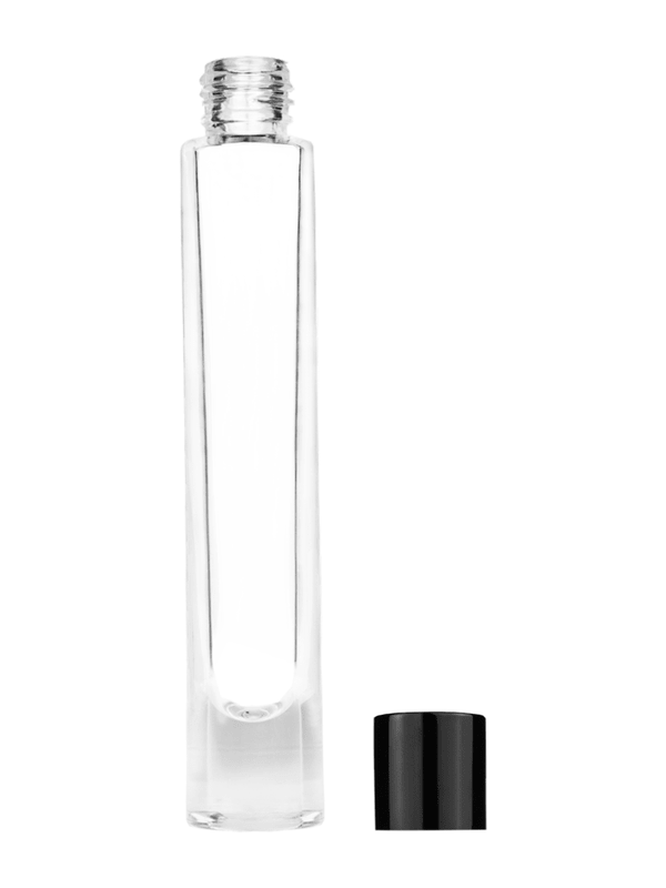 Empty Clear glass bottle with short shiny black cap capacity: 9ml, 1/3oz. For use with perfume or fragrance oil, essential oils, aromatic oils and aromatherapy.