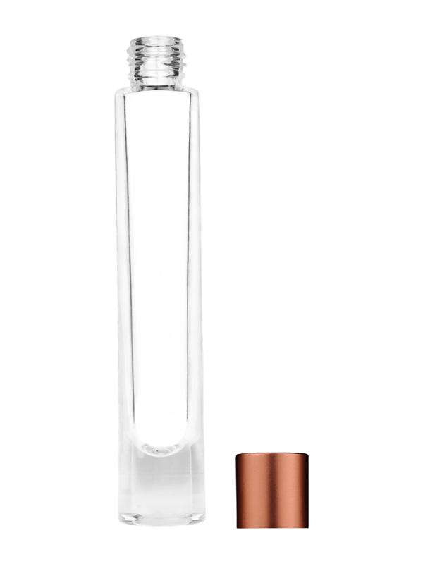 Empty Clear glass bottle with short matte copper cap capacity: 9ml, 1/3oz. For use with perfume or fragrance oil, essential oils, aromatic oils and aromatherapy.