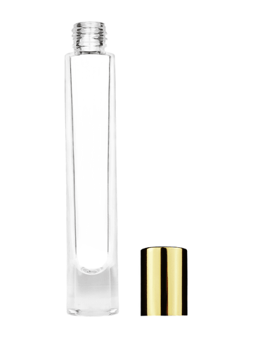Tall cylinder design 9ml, 1/3oz Clear glass bottle with shiny gold cap.