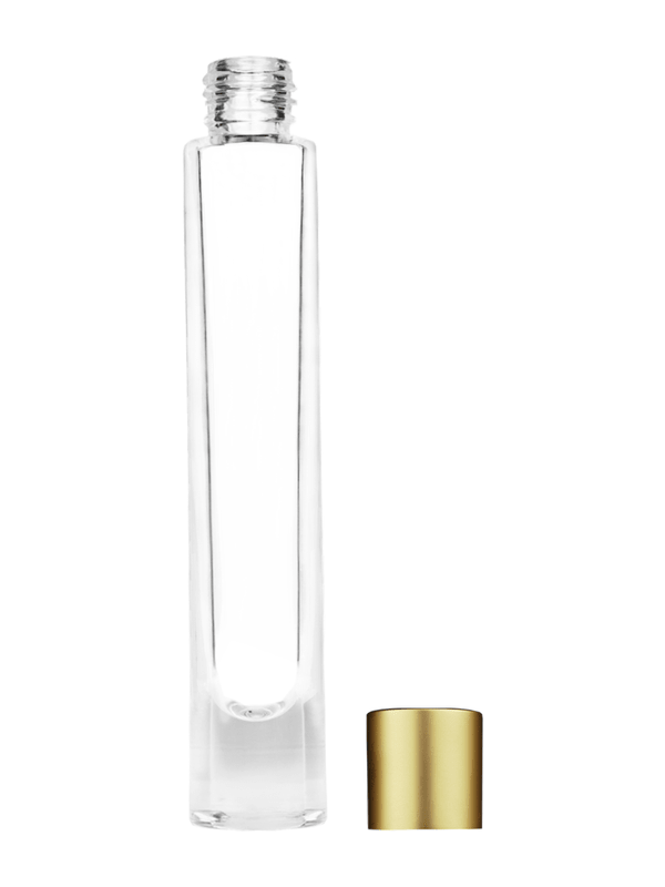 Empty Clear glass bottle with short matte gold cap capacity: 9ml, 1/3oz. For use with perfume or fragrance oil, essential oils, aromatic oils and aromatherapy.