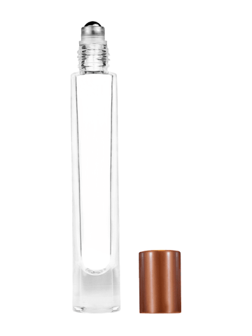 Tall cylinder design 9ml, 1/3oz Clear glass bottle with metal roller ball plug and matte copper cap.