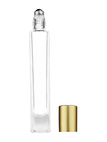 Tall cylinder design 9ml, 1/3oz Clear glass bottle with metal roller ball plug and matte gold cap.
