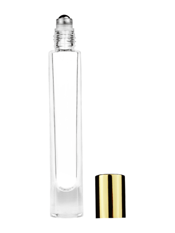 Tall cylinder design 9ml, 1/3oz Clear glass bottle with metal roller ball plug and shiny gold cap.