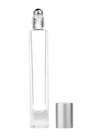Tall cylinder design 9ml, 1/3oz Clear glass bottle with metal roller ball plug and matte silver cap.