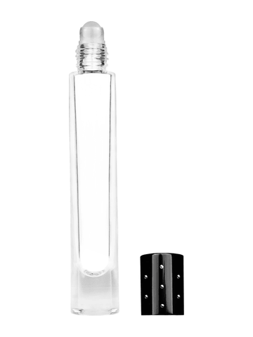 Tall cylinder design 9ml, 1/3oz Clear glass bottle with plastic roller ball plug and black shiny cap with dots.