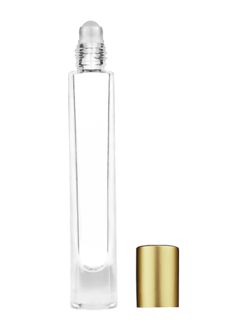 Tall cylinder design 9ml, 1/3oz Clear glass bottle with plastic roller ball plug and matte gold cap.