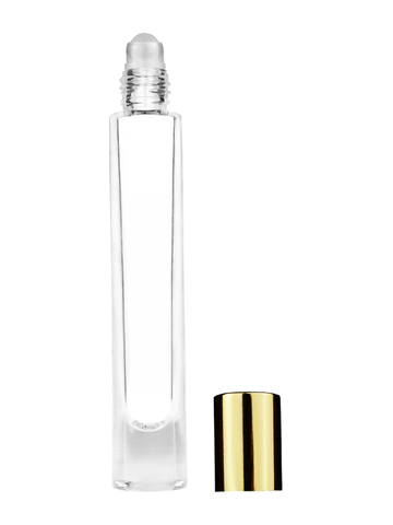 Tall cylinder design 9ml, 1/3oz Clear glass bottle with plastic roller ball plug and shiny gold cap.