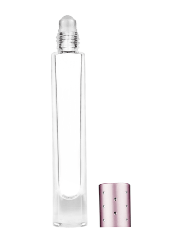 Tall cylinder design 9ml, 1/3oz Clear glass bottle with plastic roller ball plug and pink cap with dots.