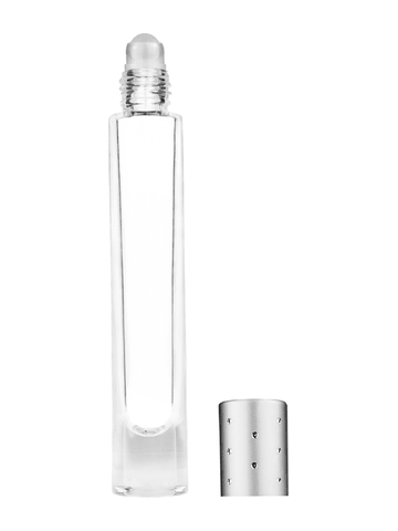 Tall cylinder design 9ml, 1/3oz Clear glass bottle with plastic roller ball plug and silver cap with dots.