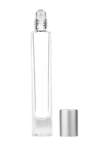 Tall cylinder design 9ml, 1/3oz Clear glass bottle with plastic roller ball plug and matte silver cap.