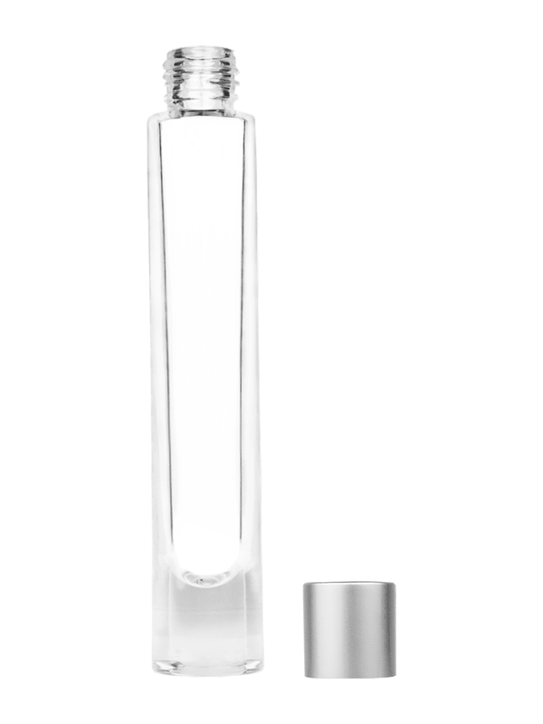 Empty Clear glass bottle with short matte silver cap capacity: 9ml, 1/3oz. For use with perfume or fragrance oil, essential oils, aromatic oils and aromatherapy.