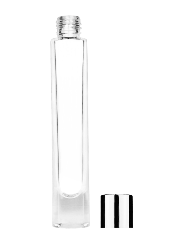 Empty Clear glass bottle with short shiny silver cap capacity: 9ml, 1/3oz. For use with perfume or fragrance oil, essential oils, aromatic oils and aromatherapy.