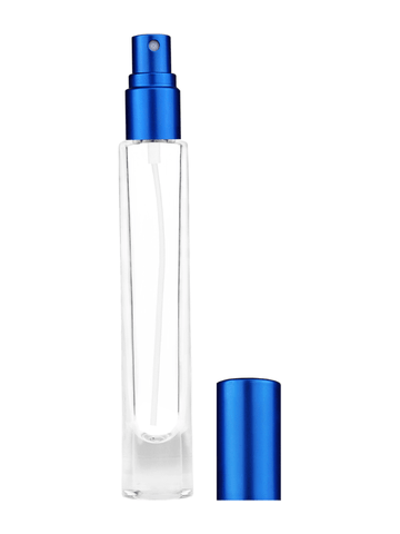 Tall cylinder design 9ml, 1/3oz Clear glass bottle with matte blue spray.