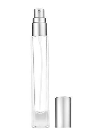 Tall cylinder design 9ml, 1/3oz Clear glass bottle with matte silver spray.