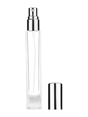 Tall cylinder design 9ml, 1/3oz Clear glass bottle with shiny silver spray.