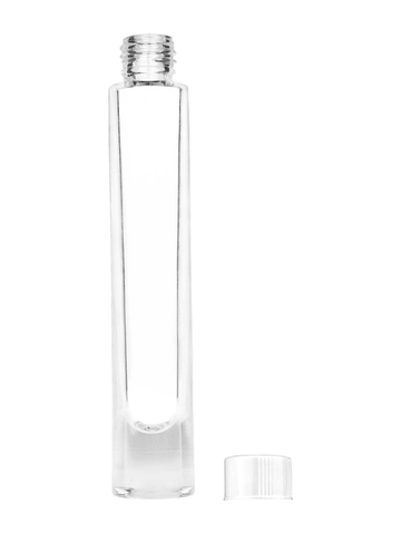 Tall cylinder design 9ml, 1/3oz Clear glass bottle with short white cap.