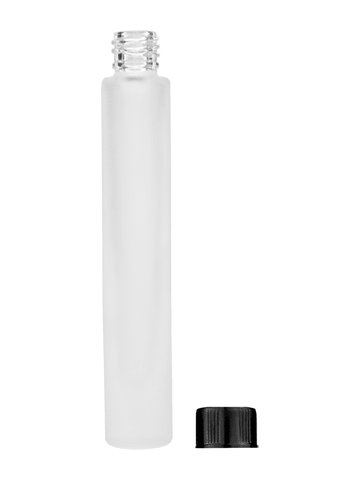 Tall cylinder design 9ml, 1/3oz frosted glass bottle with short black ridged cap.